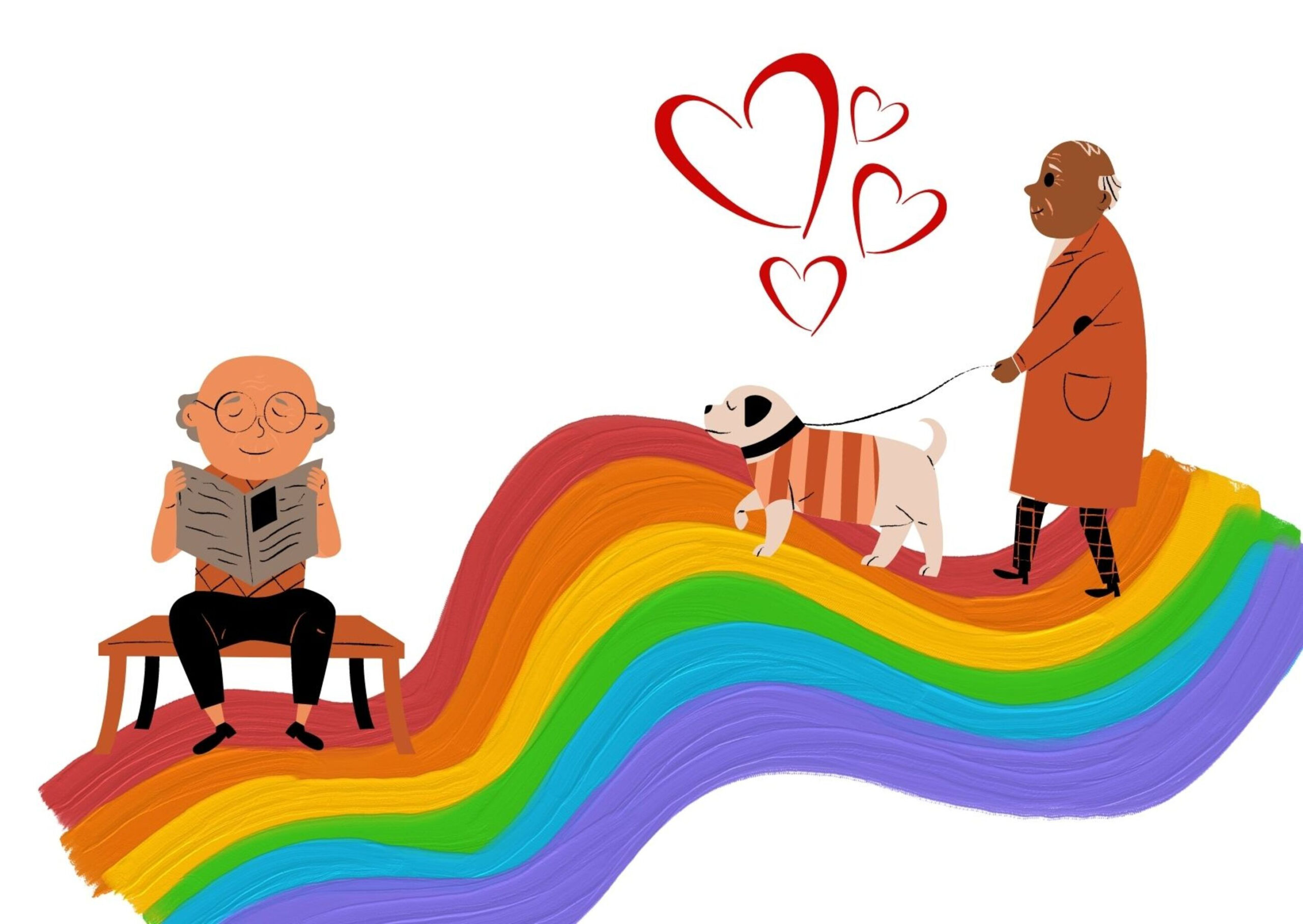 A cartoon of an older man walking his dog on a rainbow road towards another older man reading a newspaper signifies the importance of cultural competence.
